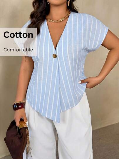 Auralis Nueva blusa de moda para primavera/verano con cuello en V cruzado, botones de metal, hombros caídos, manga corta y talla grande. Elegante para uso en la oficina o para ir al trabajo como uniforme de maestra.