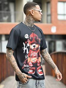 Devon Thys Punk Bär 3D Digital Muster Cartoon Bär Muster Herren T-Shirt, bequemes Kurzarm Pullover Top, Herren Outdoor Bekleidung - Rot - Übersicht 6