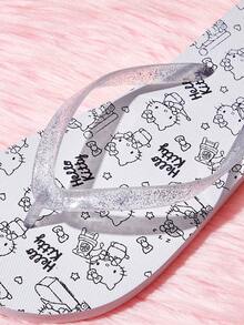 HELLO KITTY AND FRIENDS | SHEIN 女款夾腳拖鞋，可愛童趣印花搭配亮片透明鞋帶，打造經典趣味造型，適合夏季旅遊與春季休閒旅行 - 月光白 - 查看 4