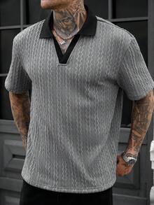 Manfinity CasualCool 男士复古针织短袖 Polo 衫，V 领撞色领休闲纹理上衣，夏季 - 藍色 - 查看 5