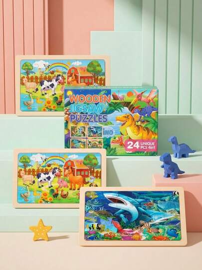 MINKOJA MINKOJA Kids Cartoon Animal Jigsaw Puzzles Montessori Educational Toys Parent-Child Theme Game Wooden Educational Gift For Children