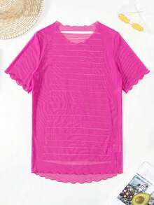 Swim SXY Summer Beach Solid Ripped Mesh Cover Up - Hot Pink - View 6