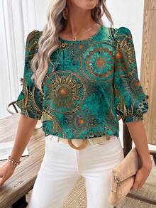 SHEIN LUNE Women's Casual Commuter Printed Lantern Sleeve Blouse,Summer Top - Multicolor - View 4