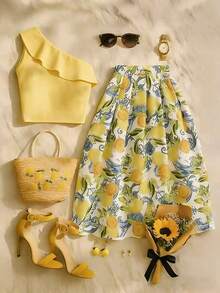 Franclia 女士优雅黄色不对称肩部荷叶边领修身无袖上衣搭配柠檬印花腰带A字裙两件套，适合夏季、春季、海滩、度假、休闲优雅装扮、通勤、办公、社交场合。 - 黃色 - 查看 3