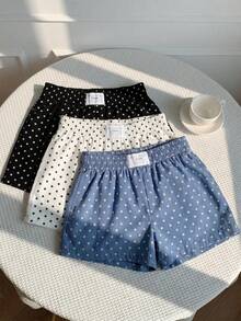 SHEIN EZwear 3件套女士休闲波点短裤，梭织面料，适合日常穿着，波点印花短裤套装，适合日常通勤、约会、派对、秋冬夏、圣诞节、新年、感恩节、聚会、婚礼、海滩、毕业典礼、时尚、优雅、休闲、外出、约会、预订、通勤、闪亮、情人节、优雅、度假、休闲、Y2K、外出、毕业典礼等场合。 - 彩色 - 查看 4