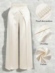 SHEIN Clasi Plus Size Women's Business Commuter Style Shiny Fabric Solid Color Straight Leg Pants - Apricot - View 1