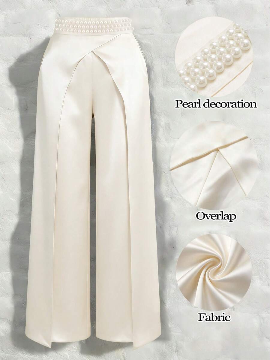 SHEIN Clasi Plus Size Women's Business Commuter Style Shiny Fabric Solid Color Straight Leg Pants - Apricot - View 1