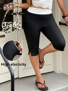 Muchica Plus Size Women's Black & White Patchwork Capri Pants With Side Slit - Black and White - View 5