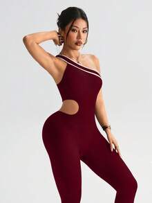Gameset SHEIN Sport 女士无缝酒红色连体衣，不对称肩部设计，柔软舒适，适合运动、跑步、休闲、瑜伽等场合。 - 酒紅色 - 查看 8