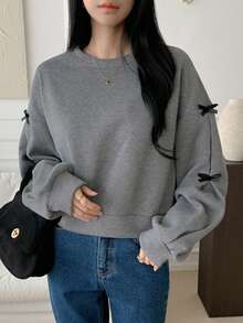 DAZY Contrast Color Bow Decor Loose Fit Crew Neck Pullover Sweatshirt For Women,Long Sleeve Tops,Fall Clothes - Dark Grey - View 12