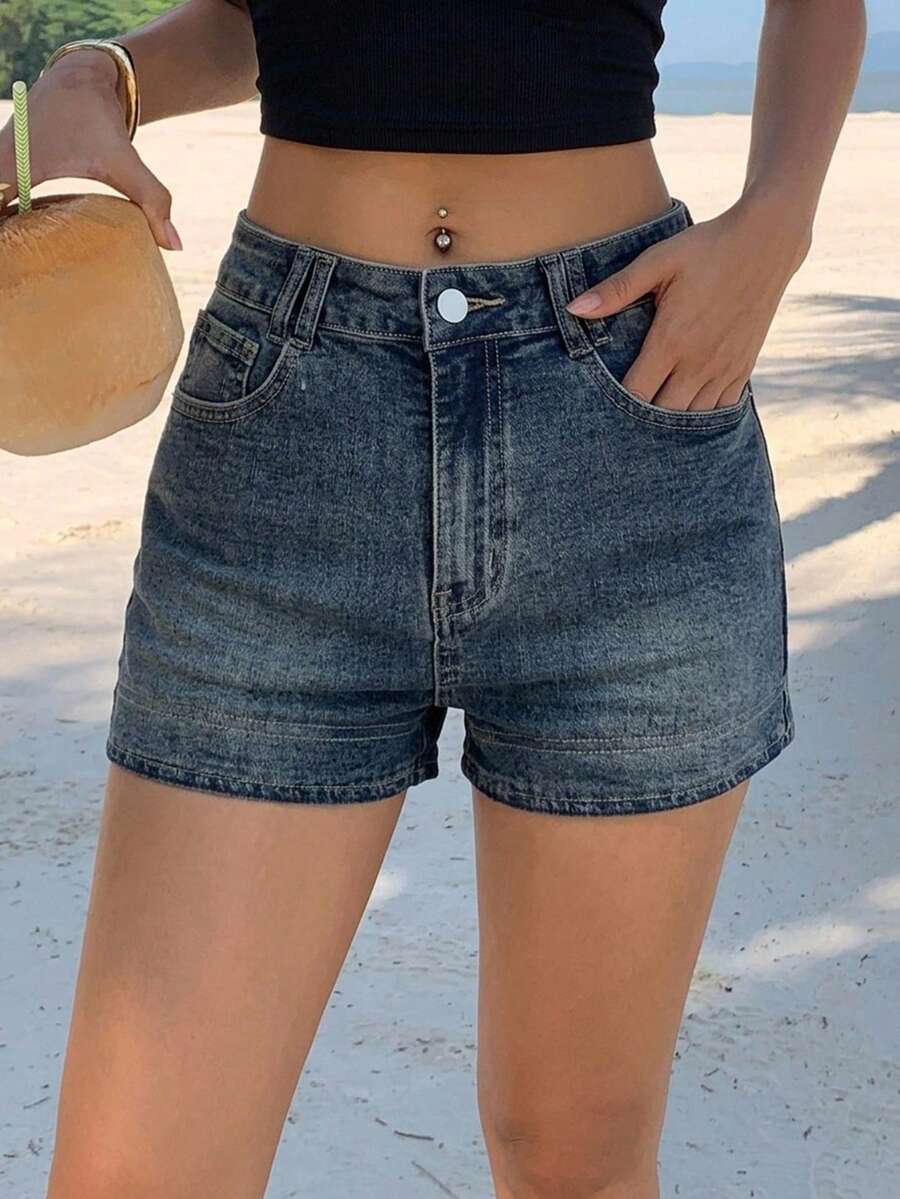 Joudiya Women's Slim Fit Denim Shorts Jorts - Medium Wash - View 1