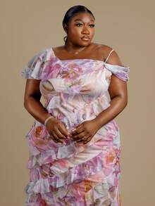 CurvyTilda Floral Print Asymmetric Ruffle Hem Dress Vacation - Multicolor - View 4