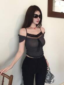 Joudiya 春夏鏤空蕾絲網格拼接假兩件式黑色短洋裝 情人節婚禮宴會舞會晚禮服 時尚派對修身優雅通勤透視網紗短袖女上衣 - 灰色 - 查看 12