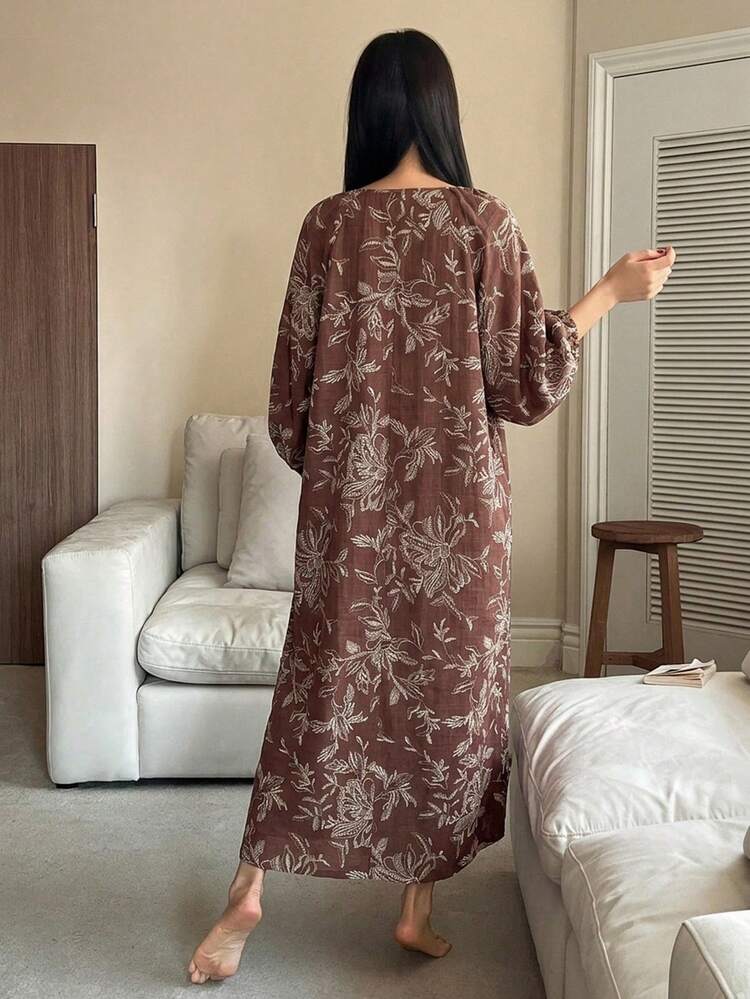 Women's All-Over Print Ruched Crew Neck Loose Casual Nightgown
