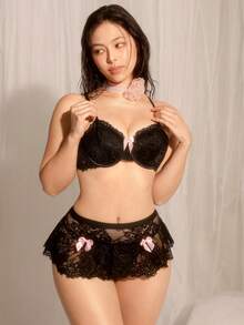 Bộ đồ lót áo ngực và quần lót ren hoa có gọng nơ phía trước, Kawaii - màu đen - Xem 3