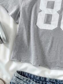 SHEIN Tween女孩休閒街頭時尚復古學院風數位印花不對稱肩寬鬆版型個性化插肩袖短版針織舒適純棉素色T恤皇家藍 - 灰色 - 查看 5