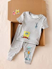 SpongeBob SquarePants | SHEIN 男婴条纹短袖上衣和裤子，贴身睡衣 - 灰色 - 查看 1
