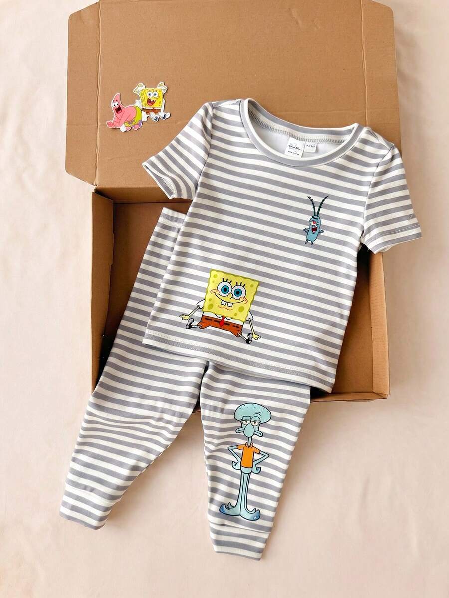 SpongeBob SquarePants | SHEIN 男婴条纹短袖上衣和裤子,贴身睡衣 - 灰色 - 查看 1