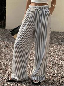 SHEIN X ITS MICH Livesso Casual Loose Women's Striped Straight Trousers With Waist Tie Fall - Black and White - View 7
