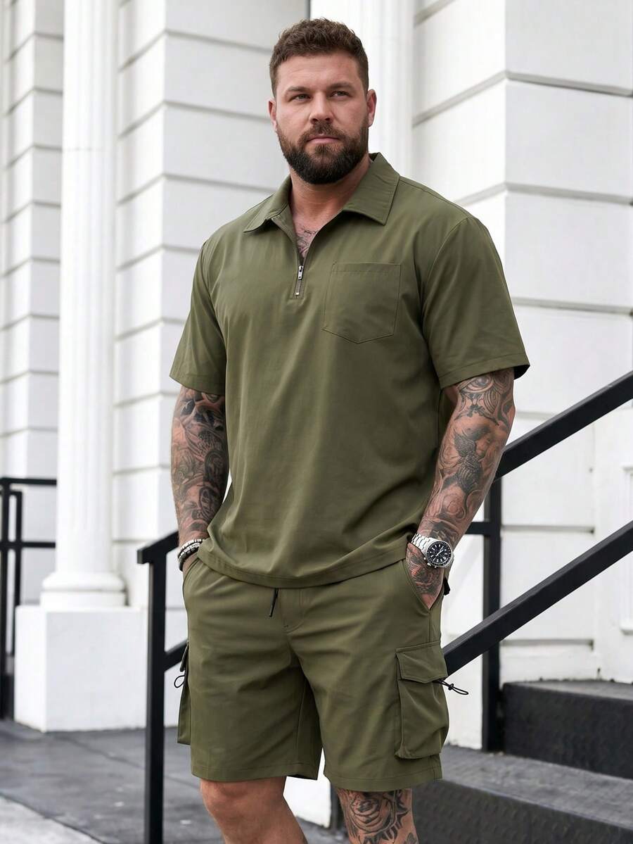 DRIVNCORE Men's Plus Size Solid Color Shirt And Shorts Set - Army Green - View 1