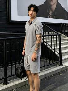 Manfinity Homme Men's Solid Color Polo Shirt And Shorts Set, Minimalist Style For Summer - Grey - View 7