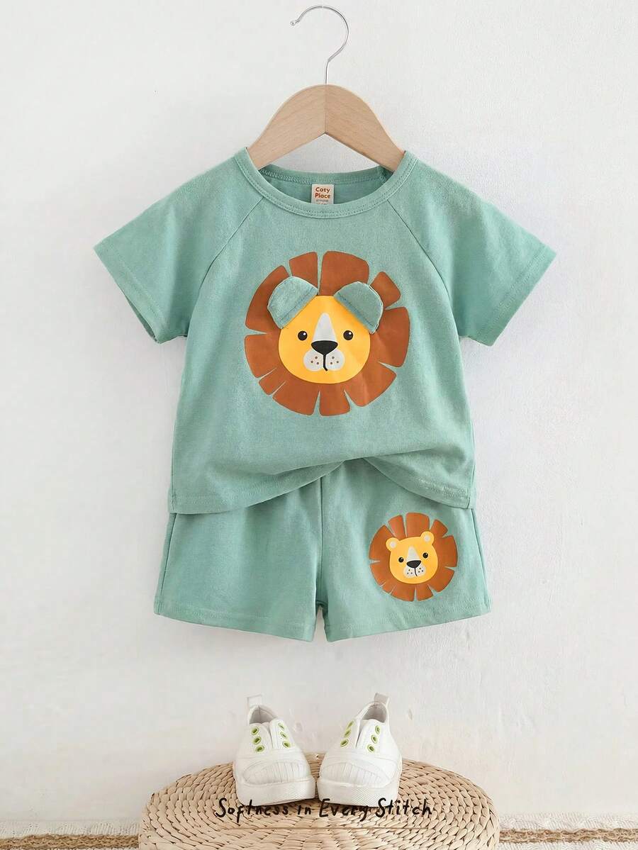 Cozy Pixies Set 2pcs Baju Bayi Laki-laki Motif Kartun Singa Rajut Lembut Leher Bulat Lengan Pendek dan Celana Pendek Pinggang Elastis - Mint Green - View 1