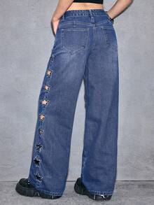ROMWE Quần jeans denim xanh rách kiểu Y2K phong cách thường ngày với họa tiết ngôi sao và đính đá lấp lánh dành cho nữ. - Màu xanh lam - Xem 3