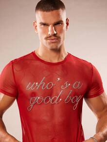FeverCity Men's Hip-Hop Rhinestone Mesh Short Sleeve Round Neck T-Shirt, Streetwear - Red - View 6