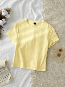 Tseoso 1pc Solid Color Fitted T-Shirt, 95% Cotton, Suitable For Summer,Summer Top - Light Yellow - View 7