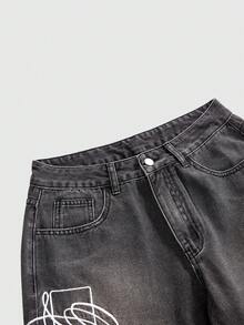 ROMWE Grunge Punk Quần jeans ống rộng dáng suông, thêu chữ và họa tiết chữ thập, chất liệu denim mài, thích hợp mặc hàng ngày đi làm, dành cho nữ, thời trang thường ngày. - Màu xám đen - Xem 3