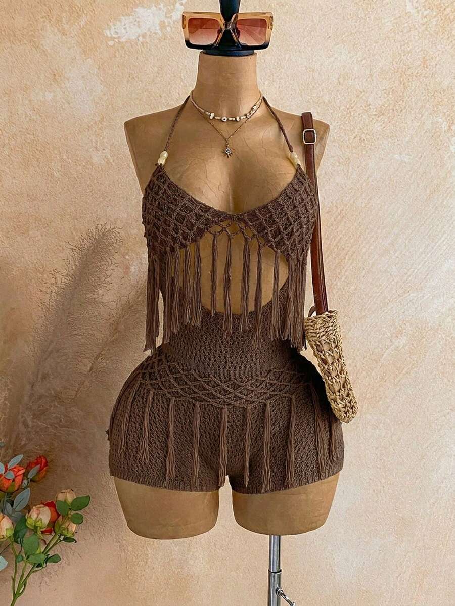 Soleia Bộ jumpsuit dệt kim hở lưng gợi cảm dành cho nữ, có tua rua, thích hợp cho bãi biển và kỳ nghỉ. - Cà phê nâu - Xem 1