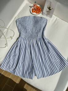 Comfortcana Plus Size Summer Strapless Vacation Blue And White Jumpsuit Beach Formal Casual Traditional - Blue and White - View 6