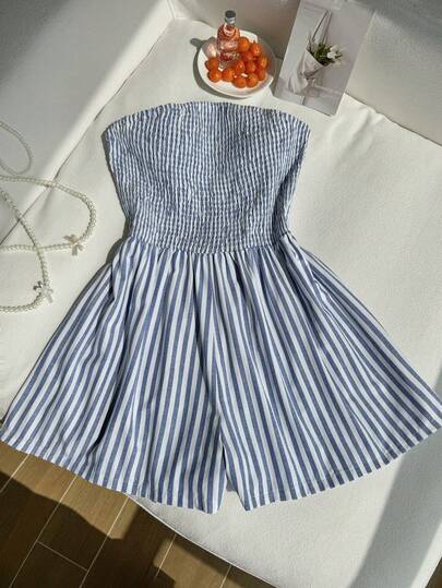 Comfortcana Plus Size Summer Strapless Vacation Striped Jumpsuit