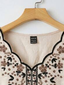 Solavon Women's Floral Print Pleated Casual Boho Versatile Daily Wear Shirt Vacation Beige Summer - Apricot - View 4
