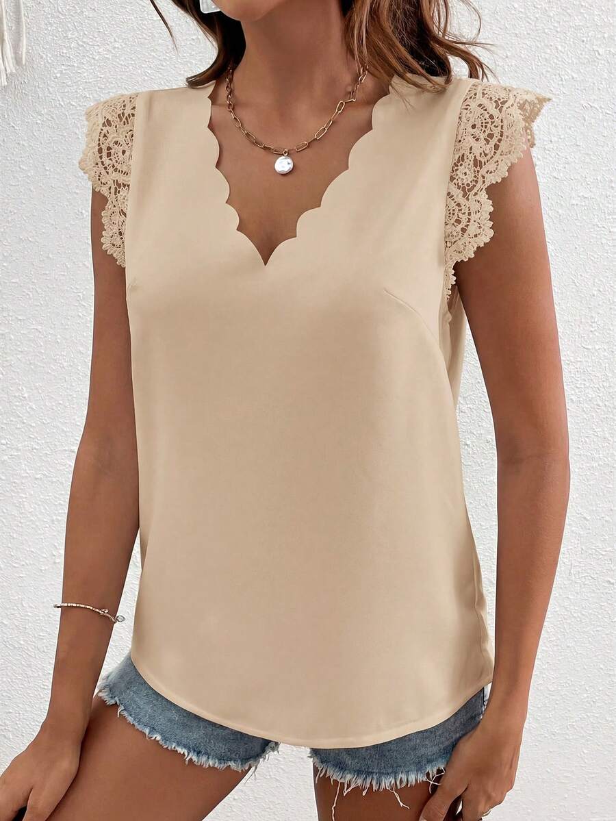 Coeurva Women's Solid Color V-Neck Contrast Lace Cap Sleeve Fashionable Blouse,Summer Top - Apricot - View 1