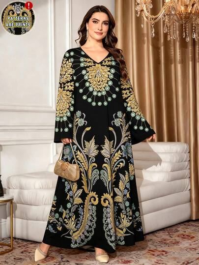 SHEIN Najma Đầm maxi cỡ lớn thêu hoa và hình học, đầm dài tay cổ chữ V thời trang nữ, trang phục kiểu Ả Rập thanh lịch, đầm dài trang nhã và duyên dáng cho mùa xuân và mùa hè.