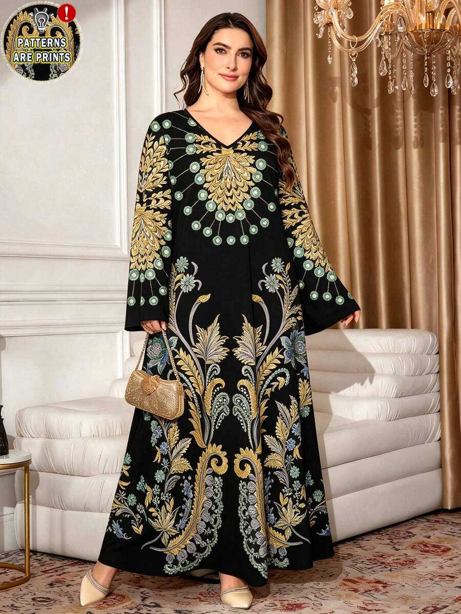 SHEIN Najma 大尺碼花卉與幾何刺繡圖案長洋裝，女裝時尚V領長袖洋裝，優雅阿拉伯風格服飾，莊重優雅的春夏季長洋裝 - 彩色 - 查看 1