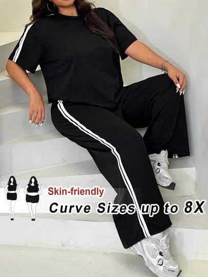SHEIN CURVE+ Plus Size Women Summer Casual Sports Contrast Striped Side Short Sleeve T-Shirt And Loose Wide Leg Pants Set,Back To School,
