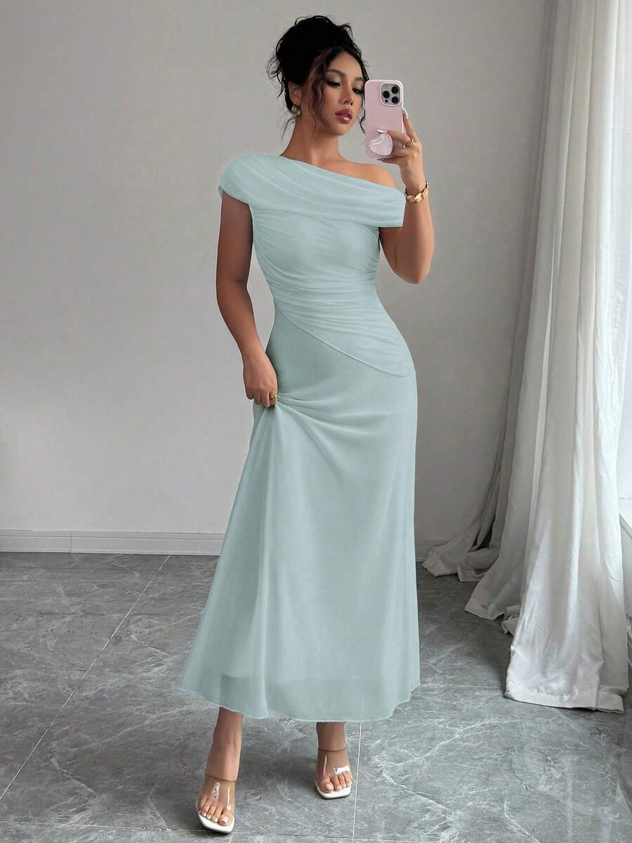 Modelyn 女士网纱不对称肩部褶皱拼接下摆法式优雅纯净正式连衣裙 - 綠色 - 查看 1