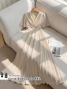 SHEIN CURVE+ Đầm dự tiệc thanh lịch cổ chữ V xếp ly eo dành cho nữ cỡ lớn, đầm cưới thanh lịch, đầm nhẹ. - Màu be - Xem 10