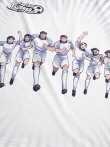 Captain Tsubasa X SHEIN STYNVO Kaos Longgar Kasual Pria Motif Kartun Garis-Garis Ombre, Cocok untuk Perjalanan Sehari-hari di Musim Panas dan Liburan - Putih - View 5