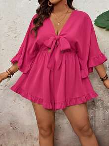 SHEIN VCAY Plus Size Holiday Solid Color Batwing Sleeve, Ruffle Hem, Tie Waist Jumpsuit Fall - Hot Pink - View 3