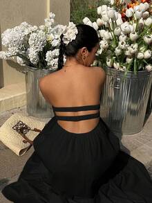 MainGRL Black Bohemian Dress, Suitable For Spring/Summer Vacation - Black - View 2