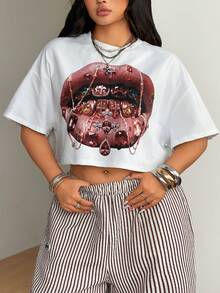 Coolane Áo thun crop nữ size lớn phong cách đường phố vintage Y2K hip-hop casual mặc hàng ngày đi chơi xuân hè in hình môi - trắng - Xem 7