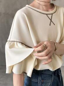 FRIFUL Women's Casual Loose Fit Round Neck Ruffle Sleeve T-Shirt Summer - White - View 2