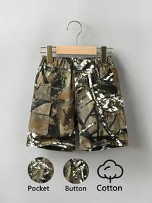 Toddler Boys' Denim Shorts, New Arrival, Fashion Minimalist Retro Street Camo Print Patch Pocket Design, Comfortable Cotton Denim Cargo Pants, Suitable For Casual Outings, Sports, Travel & Vacation - Khaki - View 5