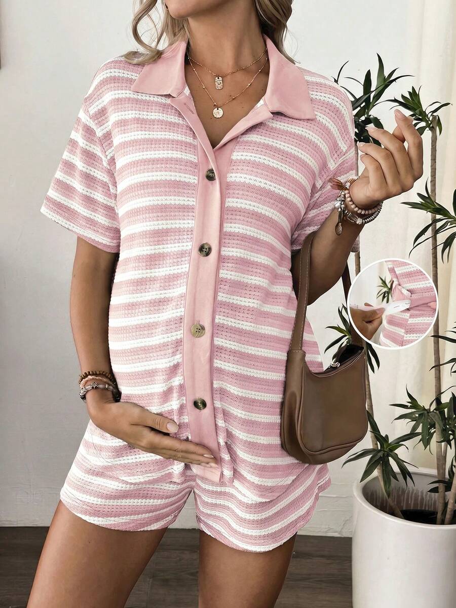 SHEIN 2pcs Maternity Outfit - Ombre Pink Shirt And Drawstring Waist Shorts Set Photoshoot Summer Casual - Pink - View 1