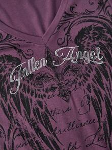 ROMWE Grunge Punk Grunge Style Distressed Wing Print Rhinestone Embellished Women's Fitted T-Shirt - Purple - View 3