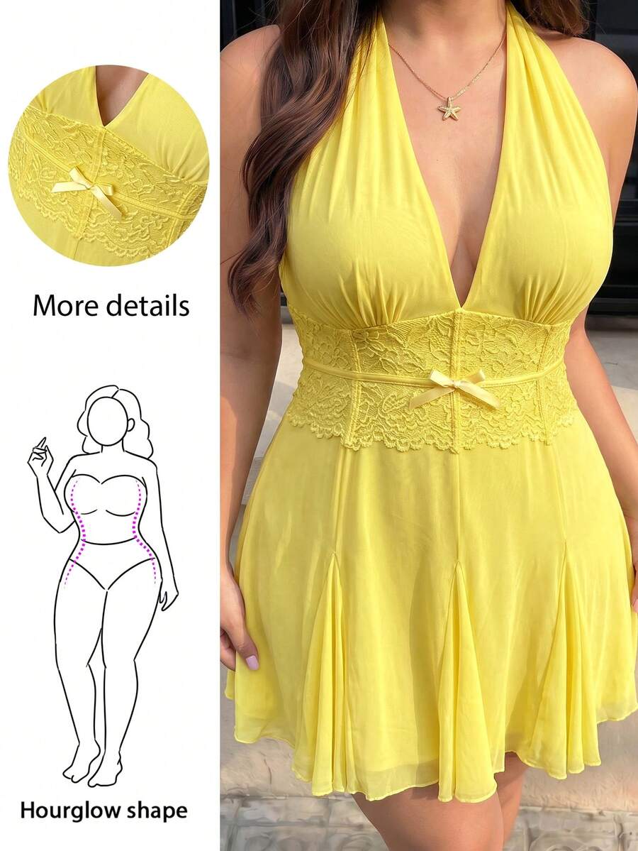 Hourglow Plus Size Women Vacation Contrast Lace Halter Neck Dress, For Hourglass Body Shape Holiday Yellow Summer Cute Kawaii