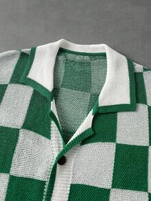 ROMWE MEN Áo khoác cardigan nam dệt họa tiết bàn cờ, cổ , tay ngắn, dáng rộng, phong cách retro, phối màu tương phản, nhẹ, thích hợp cho mùa hè. - màu xanh lá - Xem 5